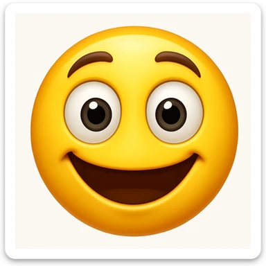 Create a yellow smiley face emoji with a similar facial expression to the reference image. It should have wide eyes, raised eyebrows, a big smile, and a shiny, smooth appearance. Add a subtle highlight. The style should resemble the iOS emoji style. sticker