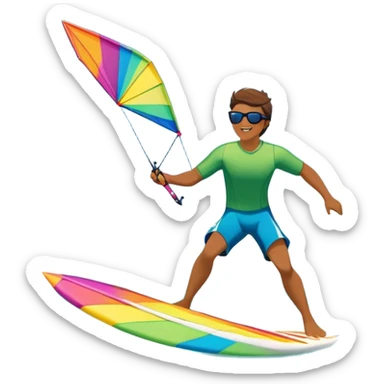 A kite surfer gliding across the ocean, with a colorful kite soaring high in the sky and the surfer carving through the waves. The scene captures the energy and freedom of the sport, with the sun shining and the ocean's waves splashing around. sticker