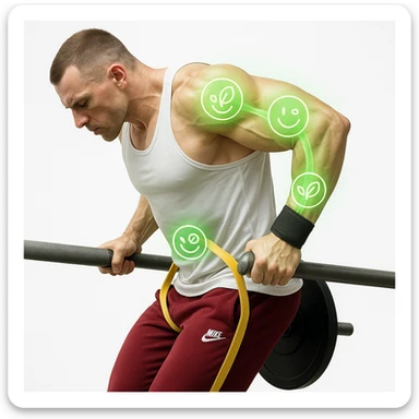 A man doing a dip exercise with shoulder, arm, and elbow joints highlighted in green, with an overlay of wellness symbols (like leaves or smiley faces) on the areas to indicate joint improvement. Hyper-realistic style with anatomical details, clinical atmosphere, and white background. sticker
