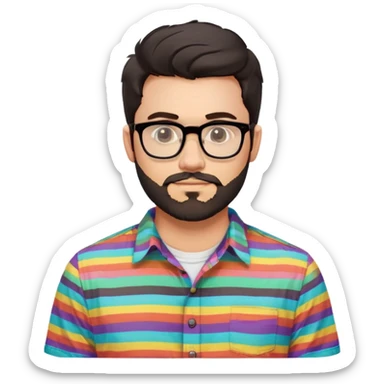 a 30-year-old man with light skin, medium solid build, wide face, soft cheeks, rounded jawline, neutral relaxed expression, short dense full beard, wavy voluminous brown-black hair at the front, large rectangular black thick frame glasses, colorful button-up shirt open showing white t-shirt sticker