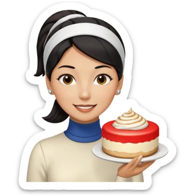  tan skin woman with long face, and short black hair slicked back ponytail with forehead showing, white headband, wearing white turtleneck shirt, eating tiramisu smiling with middle parted hair sticker