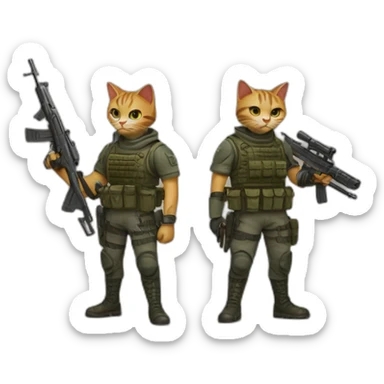 Armed cat with a weapon in its hand and next to it an armed soldier with many weapons too sticker