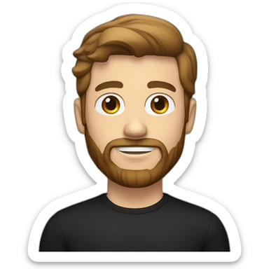 White man with a slight sun kissed tan, blue eyes and brown hair. He has a beard and mustache trimmed. Wears black clothing and wears his hair styled sideways backwards. sticker