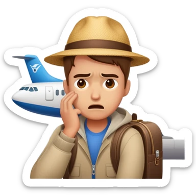 Delayed flight at airport with frustrated traveler sticker