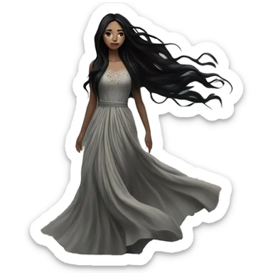 Dramatic girl  very pale with dark lighting  with black hair  in river with very very long lace dress  black long hair flying in the wind sticker