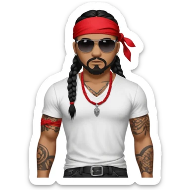 Samoan male. Chin goatee.
XL loose fitting white t-shirt. 
Red bandana. 
Red
Black jeans. 
long black braided hair.
very muscular.
More tattoos. 
Tough and menacing. 
Gangster sunglasses. sticker