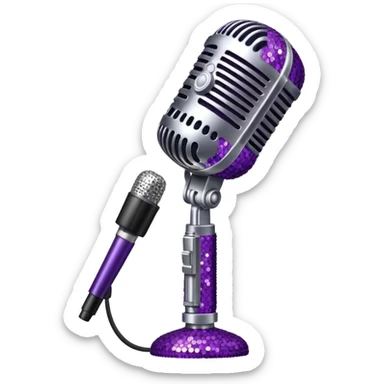 Create a glamorous and vibrant emoji representing stage vocal performance. The design should feature a humanless collage of classic vintage microphone, stage costume covered in rhinestones, sparkling brightly. The costume should be stylized, with glittering elements like sequins and sparkles, and reflect the glitzy, extravagant nature of show business. The microphone should have a sleek, retro look with chrome or metallic accents. Use rich, dazzling colors like gold, silver, deep purple, and bright red to evoke the glamorous, larger-than-life feel of a stage performance. The background should be transparent. sticker