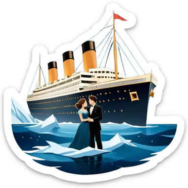 Icon for Titanic Movie: A vintage movie poster-style design featuring a dramatic scene of the ship, the iceberg, and a romantic silhouette of the main couple. Include elements like the ship’s bow, water splashes, and a starry sky in the background. Retro cinematic feel. Transparent background. sticker