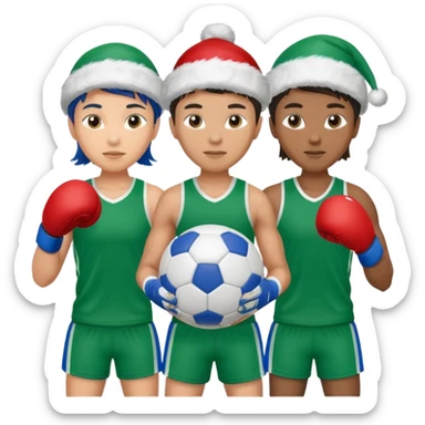 crie a imagem de 3 atletas de modalidades diferentes, usando elementos esportivos, como por exemplo bola de futebol, luvas de luta e bola de vôlei... e usando um chápeu de papai noel das cores verde e azul. sticker