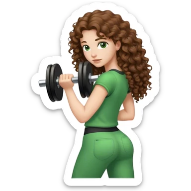 white girl with long brown curly hair in green outfit holding weight on her back sticker
