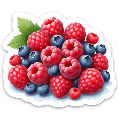 small mix of whole frozen berries including raspberries, strawberries, blueberries, redcurrants, coated with a light frost layer, slightly muted colors and icy sparkle, loosely clustered or lightly scattered, no bag, bowl, or garnish, just the fruits, soft lighting, subtle shadows, emoji scale sticker