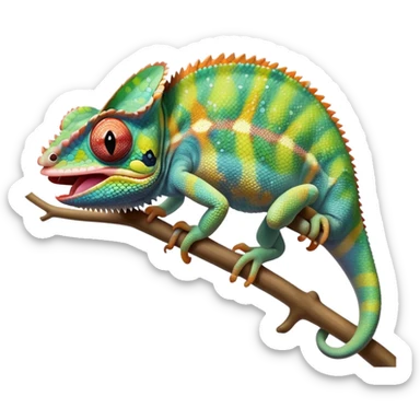cinematic cute -chameleon-realistic emoji, mouth wide open with tongue out catching prey, -blending-with-vibrant-greenery.-detailed-scales-in-shifting-colors,-showing-the-chameleon’s-ability-to-camouflage.-soft-natural-light-highlights-its-texture.-light-background, zoomed into its face sticker
