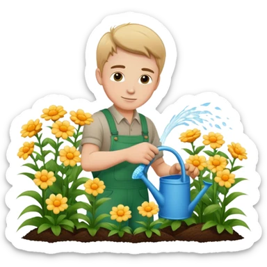 diligent young white male gardener watering flowers sticker