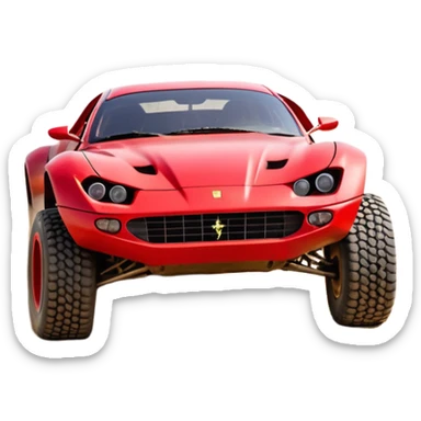 Satan’s evil Ferrari-colored Dirty and dented Local Motors Rally Fighter off road race car hot rod trophy truck-style basher flying on a dusty road (silver wheels) sticker