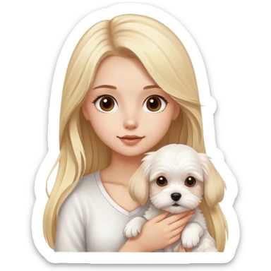 Blond long hair brown eyes girl with maltese puppy sticker