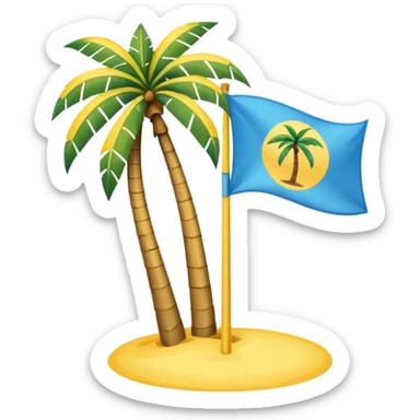 A pink flag in this flag there’s two small blue triangles on the sides In the middle of the circle on the flag a small pink palm tree coming out of the sides  yellow circle with two thick yellow stripes sticker