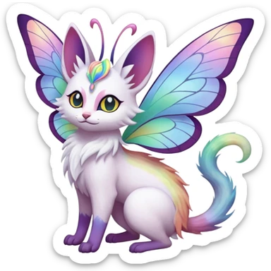 Pure-snow-White albino iridescent with pastel rainbow-gradients-color-markings with swirly patterns butterflies  faerie-Noivern-Noibat-Purloin-Torracat-Lykoi-Caracal-cat-Fakemon-fusion-hybrid-creature sticker