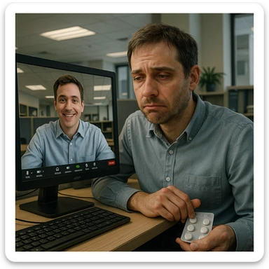 Man in his mid-30s, Zoom call, fake smile, hand under desk clutching caffeine pills, screen reflection reveals exhausted posture, virtual avatar upright and lively, hyperrealistic 4K, office environment sticker