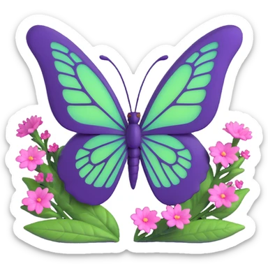 a magical butterfly with #c0ff53 green wings, deep purple edges, glowing pink details, intricate veins, surrounded by magical dust and tiny pink flowers, 3D cartoon style, elegant fantasy, transparent background, Discord role icon sticker