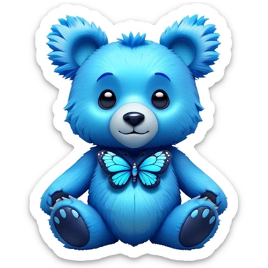 3D, adorable little Pixar style blue neon punk bear with a butterfly, ultra detailed, each lash, eye, and strand of fur is shown in stunning detail as though captured in a timeless photograph, rich textures, visually rich, so lifelike it feels like it could leap off the page at any moment sticker