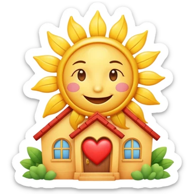 cheerful daycare house, smiling sun above, heart symbol, bright and cute sticker