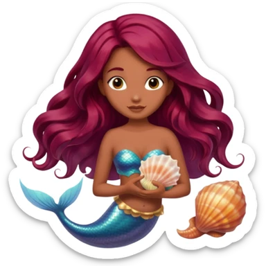 mermaid fairy hybrid, long flowy burgundy hair, medium brown skin, holding a seashell sticker