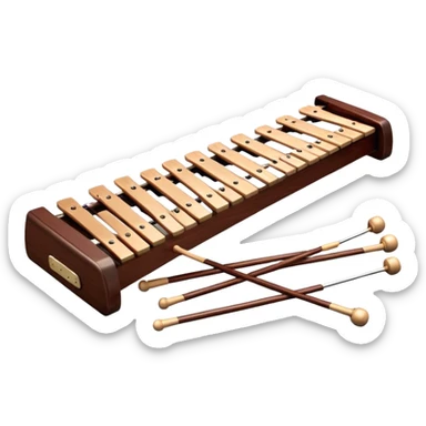 Create a detailed and professional emoji representing a Fleet FLT-SX37 orchestral wooden xylophone. The design should showcase the large, wooden bars of the xylophone arranged in a traditional layout, with a polished, smooth finish. The bars should be dark brown or mahogany, with soft metallic reflections on the resonators underneath. Include two mallets with rubber or wooden heads resting on the bars, emphasizing their role in striking the notes. The xylophone should have a sophisticated and professional appearance, with clean lines and a polished look. Add subtle musical notes or sound waves to represent the vibrant sound produced by the instrument. The background should be transparent. sticker