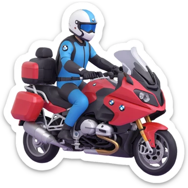 BMW RT1200 touring motorcycle with rider wearing helmet sticker