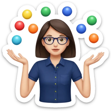 a brunette girl in a navy shirt wearing glasses is  juggling 5 multicolored balls with two hands  sticker