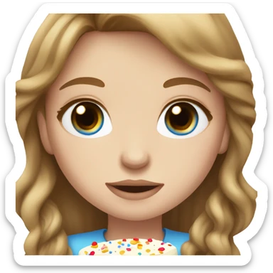 girl with brown hair with blond highlights and blue eyes eating cake long hair and pale skin with freckles  sticker