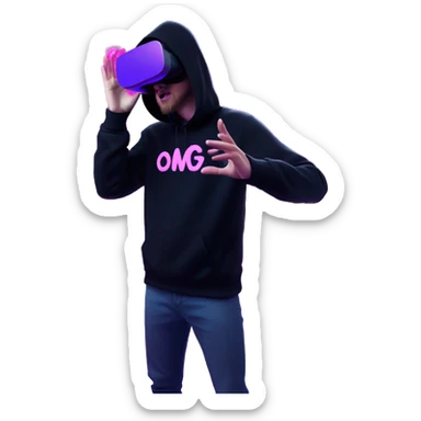 Russian man wearing a black hoodie with "OMG" letters on it and VR headset oculus quest 2 in a cyberpunk VR environment with violet neon lighting. Showing direction with hand sticker
