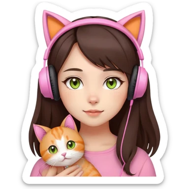 gamer girl with long dark brown hair, light skin, big brown eyes, cute, pink headset with cat ears, blushing softly and naturally, beautiful, holding orange cat with light yellow/green eyes sticker