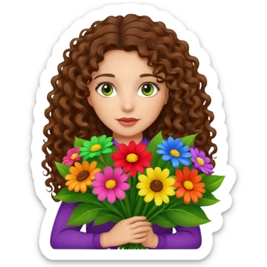 light skinned brunette long curly haired girl with green/hazel eyes holding big bright bunch of flowers. White background. sticker