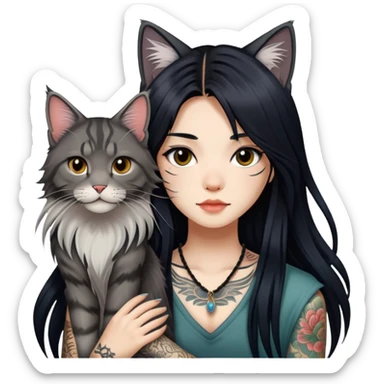 a Chinese girl with long black  straight hair and tattoos and a maine coon sticker