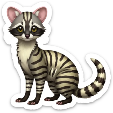 Feral Rare Fantasy shaded detailed colorful Genet-Trico-Civet-Cacomistle-Margay-species by LiLaiRa,, with white stripes with dark-blackish points, white belly, random markings, tufted tail, tufted ears, full body sticker