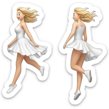 Hyperrealistic Full body Caucasian curvy beauty jumping white skirt back and front views strong wind sticker