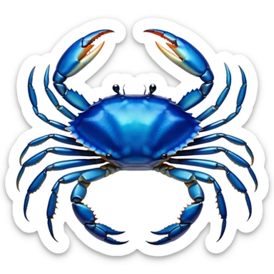 Cinematic Noble Blue Crab Portrait Emoji, Poised and commanding, with a sturdy, angular build and a brilliantly iridescent blue exoskeleton accented by robust, gleaming claws, deep-set piercing eyes, Simplified yet sharp and sophisticated features, highly detailed, glowing with a cool, oceanic glow, high shine, intelligent and resilient, stylized with an air of marine authority, focused and attentive, soft glowing outline, capturing the essence of a watchful and confident blue crab that feels as though it could scuttle out of the screen with effortless authority! sticker
