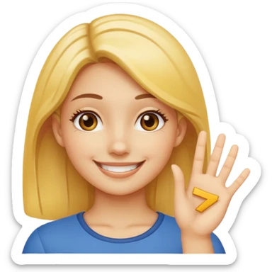 yellow smiling face girl with one hand flat under chin. With the number 6 on the left hand and the number 7 on the right hand sticker