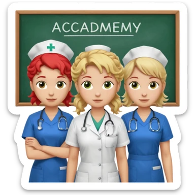 3 nurses: nurse 1 is wearing green work clothes, curly hair, middle european. nurse 2 is wearing blue work clothes, blond straight hair, scandinavic, nurse 3 is wearing white work clothes, red hair put into a bun, slavic. they all stand in a classroom, "Academy" written in white on board sticker
