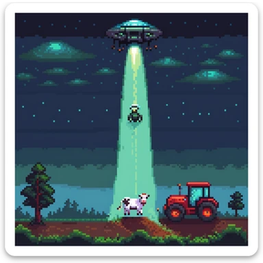 UFO abduction scene with a cow being lifted by a tractor beam at night sticker