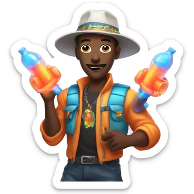 Guy in glowing outfit and hat with bubble guns in each hand sticker