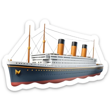 A 3D emoji of a Titanic ship in Apple style, glossy and smooth surface, bright clean colors with subtle shading, simple and minimal details, no face or expressions, floating on calm ocean, soft shadows, high-quality render, isolated on white background.


 sticker