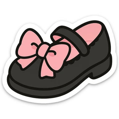 Refine the kawaii BLACKPINK-inspired gothic shoes by adding a large cute bow as the main motif, keeping the scalloped edge detail. Emphasize the black and pink color contrast, playful and stylish, no hearts, transparent background. sticker