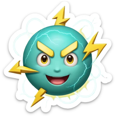 Uranus planet emoji in Apple-style, blue-green color with visible rings, a big playful and excited face, and a large yellow lightning bolt in front of the planet. The emoji is bursting with electric, chaotic, and unexpected energy, with highly expressive and fun features sticker