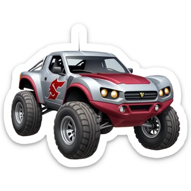 Satan’s (post race) Cabernet wide-body Dirty and dented Local Motors Rally Fighter off road race car hot rod trophy truck-style flying on a dusty road (silver wheels) sticker