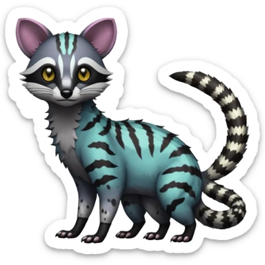 Rare warm-colored exotic edgy epic aesthetic gloomy spooky dark modern colorful cyber-Genet-Trico-Civet-species-Fakemon-hybrid-creature, with beautiful intricate markings, full body sticker