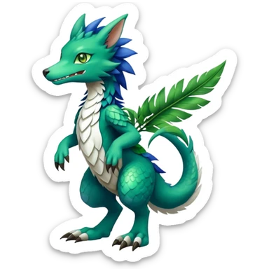 Cute cool fantasy animal hybrid Sergal-Digimon-Fakemon full body, green scales, green leaves, brown eyes, blue feathers sticker