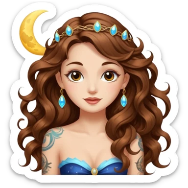 flirty moon fairy woman long wavy brown hair tattoos wink sparkle sticker