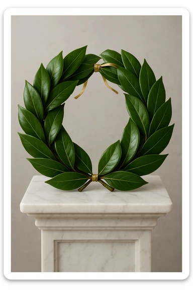 A realistic laurel wreath made of fresh or natural-looking laurel leaves, neatly woven into a circle. The leaves are glossy, rich green, with golden veins. The wreath is adorned with a thin golden ribbon tied in a bow at the back. The wreath is placed on a white marble pedestal or cushion. sticker