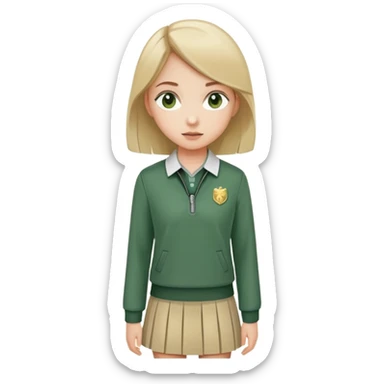 girl in a school uniform wearing a green polo, beige skirt, grey zipper jacket sticker
